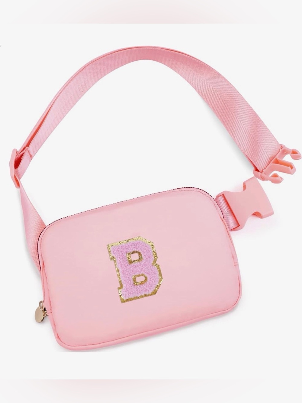Pink Crossbody Belt Bag with Pink Chenille B Accent
